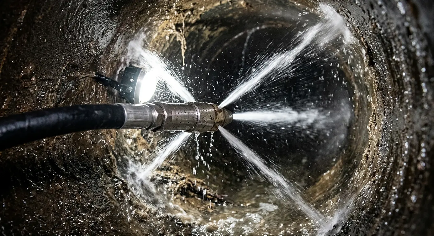 High-pressure hydro jetting nozzle cleaning sewer pipe for Trenchless Sewer Repair in Windsor Heights
