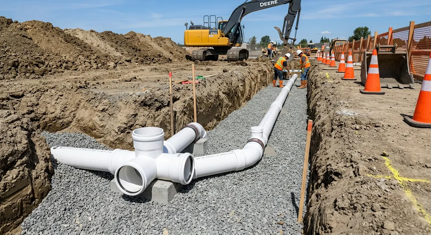 New PVC sewer pipe installation in open trench for Sewer Backup in Windsor Heights