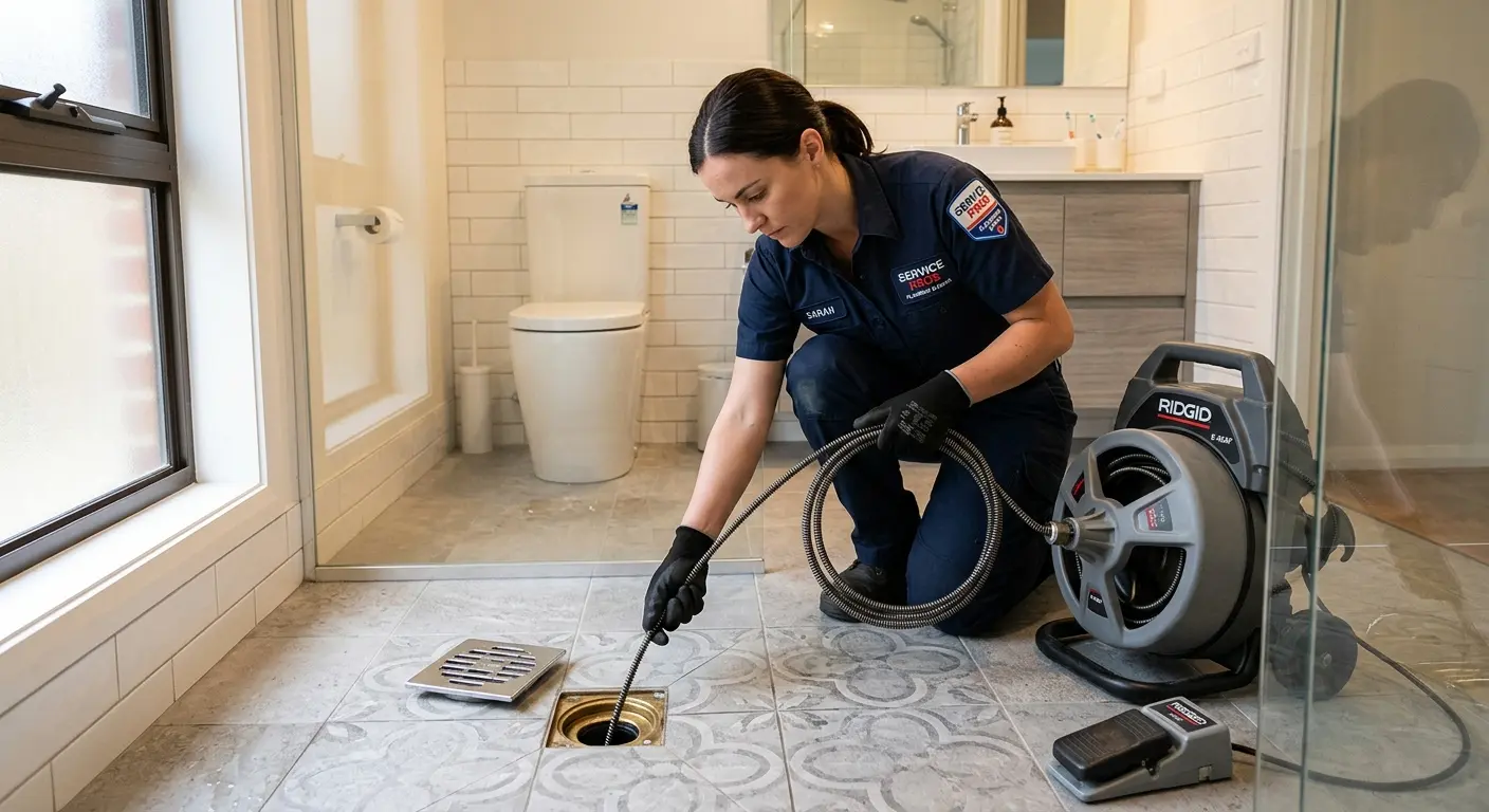 Technician clearing a bathroom floor drain for Sewer Line Replacement in Windsor Heights